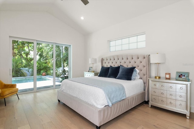 bedroom with high vaulted ceiling, access to outside, light hardwood / wood-style flooring, and ceiling fan