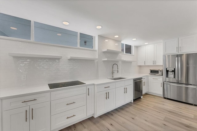 kitchen featuring appliances with stainless steel finishes, sink, white cabinets, backsplash, and light hardwood / wood-style floors