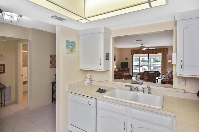 kitchen with white cabinetry, dishwasher, ceiling fan, and sink