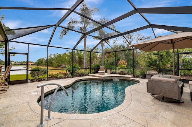 view of pool with an outdoor living space, glass enclosure, and a patio area