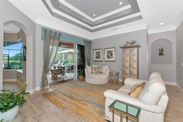 living area featuring a raised ceiling, light hardwood / wood-style floors, and a wealth of natural light