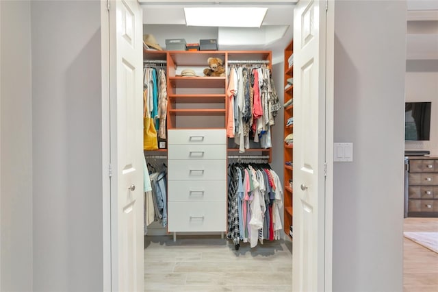 walk in closet with light wood-type flooring