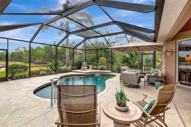 view of swimming pool with a patio area, outdoor lounge area, and glass enclosure