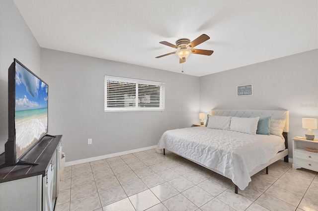 bedroom featuring ceiling fan and light tile patterned floors