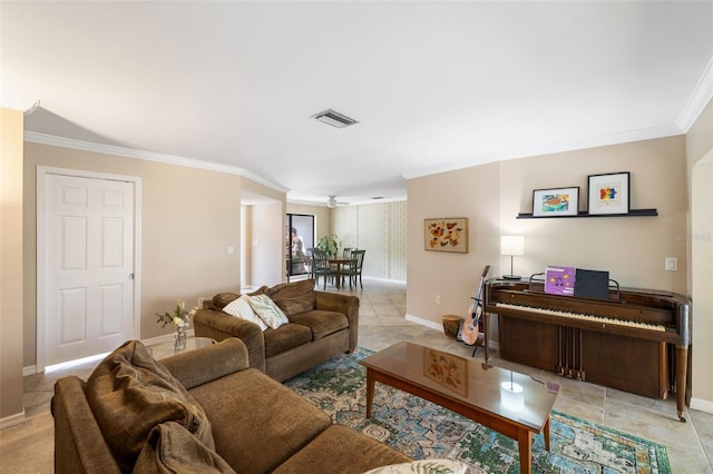 tiled living room featuring ornamental molding