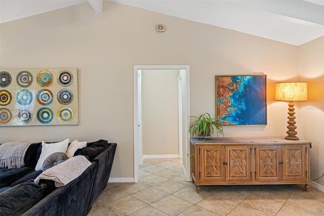 tiled living room featuring vaulted ceiling with beams