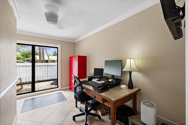 office featuring crown molding, light tile patterned floors, and ceiling fan