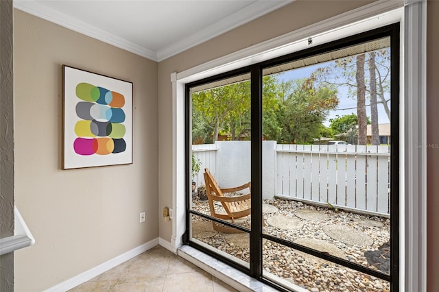 doorway featuring ornamental molding and light tile patterned floors