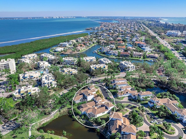 drone / aerial view featuring a water view