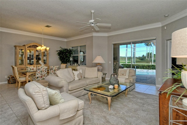 tiled living room featuring ceiling fan with notable chandelier, a textured ceiling, and crown molding