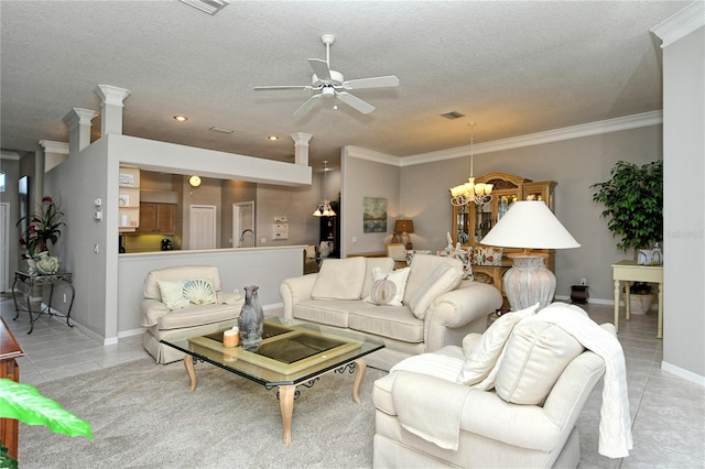 tiled living room featuring a textured ceiling, ceiling fan with notable chandelier, and crown molding