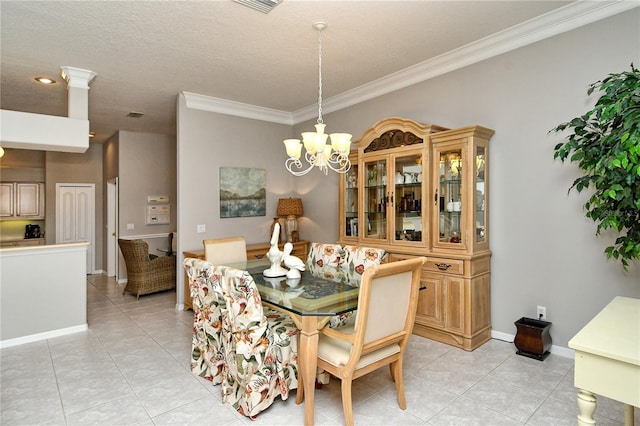 dining area featuring light tile patterned flooring, ornamental molding, and a chandelier