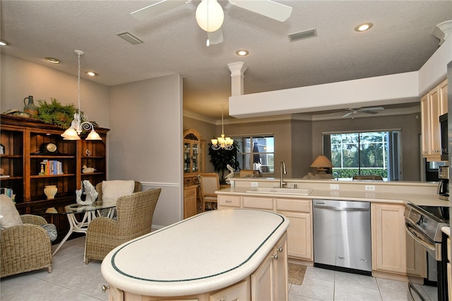 kitchen with dishwasher, sink, black / electric stove, decorative light fixtures, and light tile patterned flooring