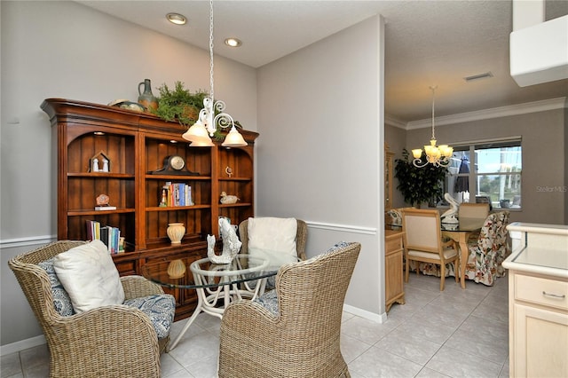 living area featuring a notable chandelier, light tile patterned flooring, and crown molding