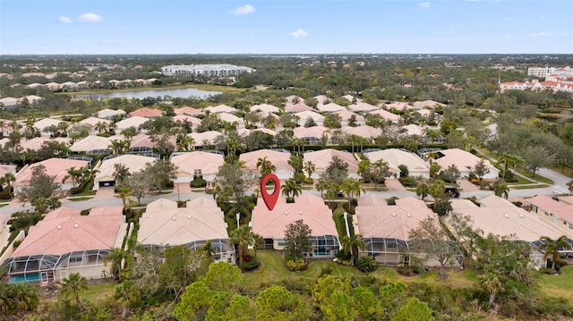 drone / aerial view featuring a water view