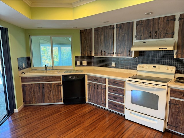 kitchen featuring dark wood-type flooring, sink, black dishwasher, a tray ceiling, and white electric range oven