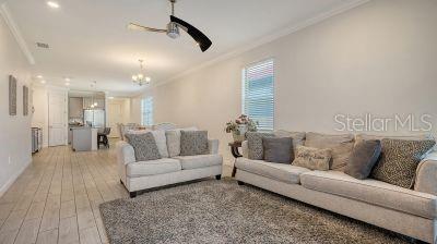 living room with plenty of natural light, light hardwood / wood-style flooring, ceiling fan with notable chandelier, and ornamental molding