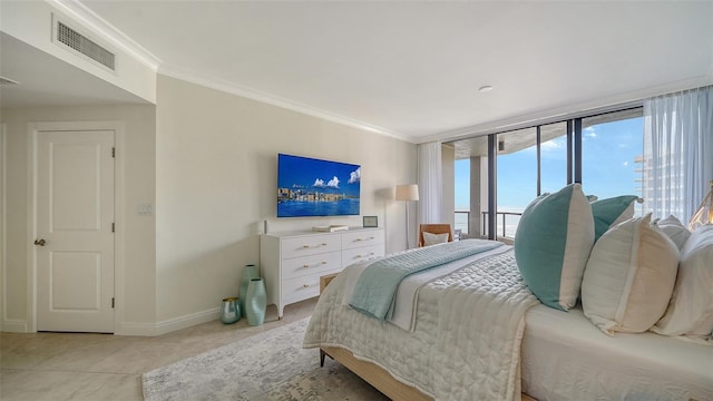 bedroom featuring a wall of windows, light tile patterned floors, ornamental molding, and access to outside