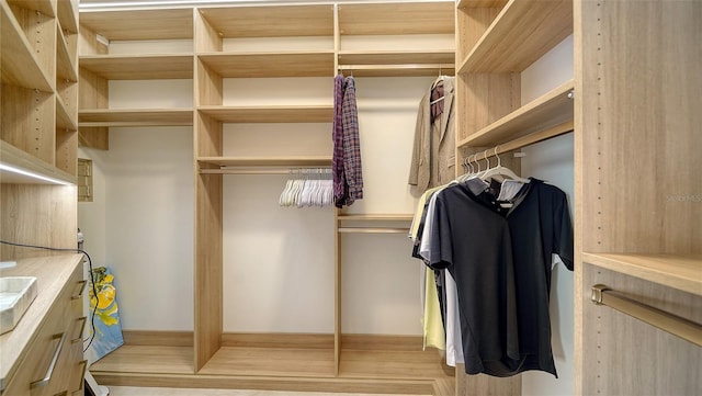 walk in closet with light hardwood / wood-style flooring