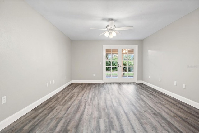 unfurnished room featuring ceiling fan, french doors, and hardwood / wood-style floors