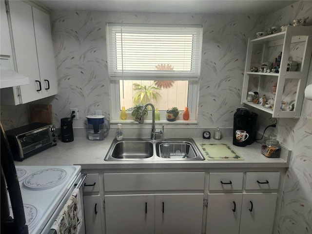 kitchen featuring exhaust hood, white electric stove, white cabinetry, and sink