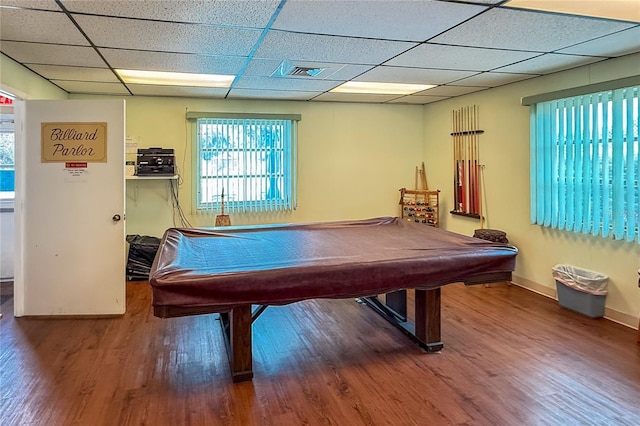 rec room featuring pool table, a paneled ceiling, and hardwood / wood-style flooring