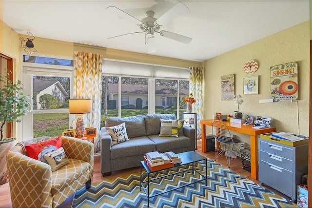 interior space featuring ceiling fan