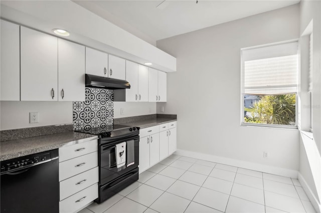 kitchen featuring white cabinetry, light tile patterned floors, and black appliances