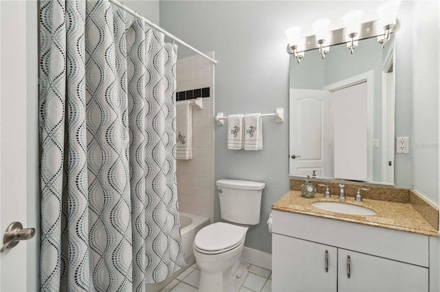 full bathroom featuring tile patterned flooring, vanity, toilet, and shower / bathtub combination with curtain