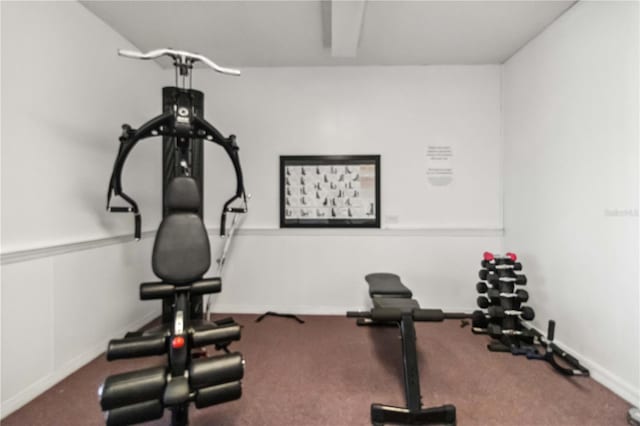 workout room featuring carpet