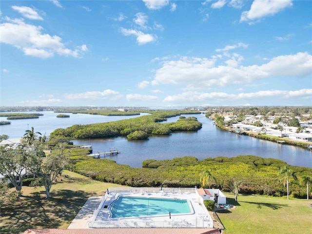 exterior space with a water view