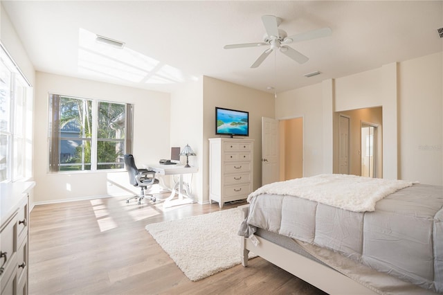 bedroom with ceiling fan and light hardwood / wood-style floors