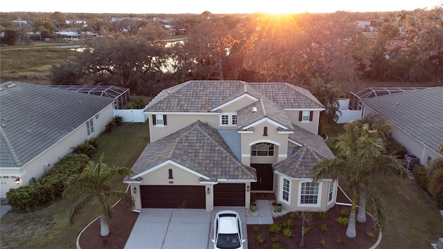 view of aerial view at dusk