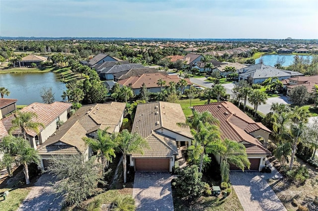 aerial view featuring a water view