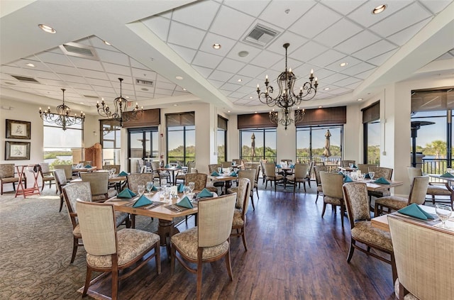 dining space featuring plenty of natural light, a paneled ceiling, and dark hardwood / wood-style flooring