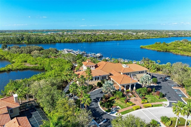 drone / aerial view with a water view