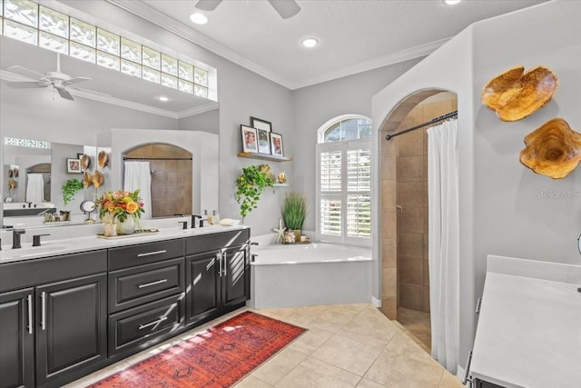 bathroom featuring vanity, tile patterned floors, ceiling fan, and independent shower and bath