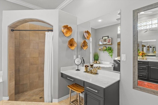 bathroom featuring tile patterned flooring, a shower with curtain, vanity, and crown molding