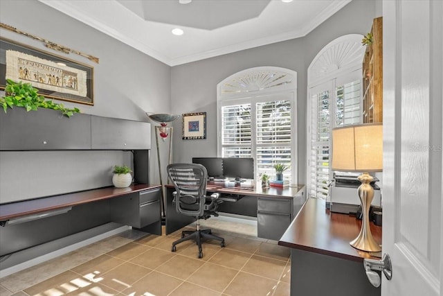 tiled office space with ornamental molding