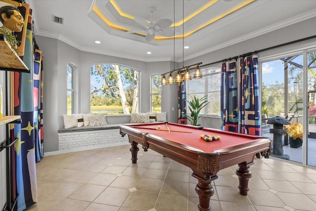 rec room featuring ceiling fan, ornamental molding, billiards, and a tray ceiling