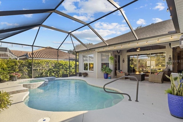 view of swimming pool with an in ground hot tub, an outdoor living space, ceiling fan, glass enclosure, and a patio