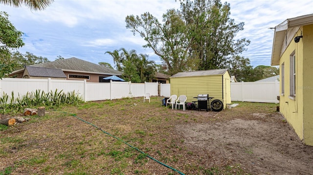 view of yard featuring a storage shed