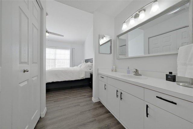 bathroom with ceiling fan, vanity, and wood-type flooring