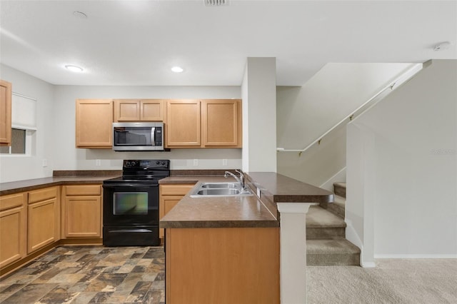 kitchen featuring light brown cabinetry, sink, dark colored carpet, kitchen peninsula, and black range with electric stovetop