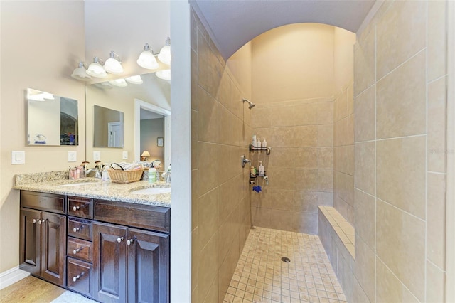 bathroom with a tile shower and vanity