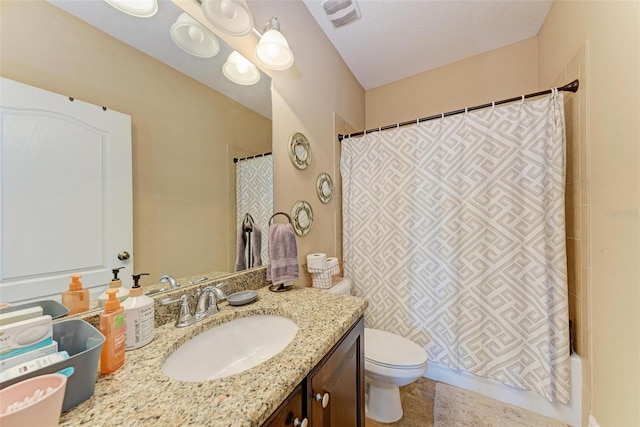 full bathroom featuring toilet, shower / tub combo, and vanity