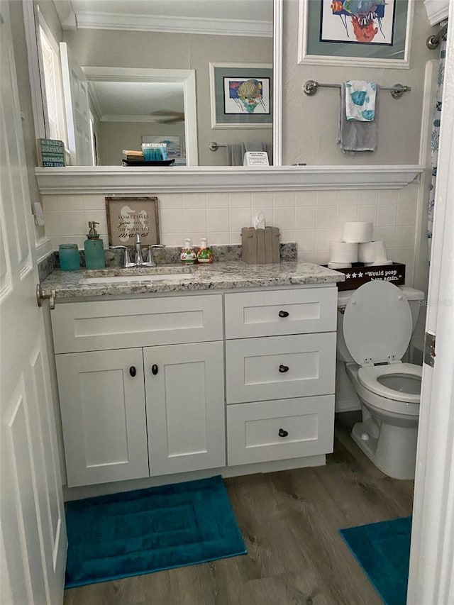 bathroom featuring ornamental molding, decorative backsplash, hardwood / wood-style flooring, and vanity