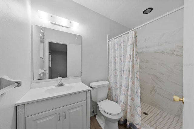 bathroom with toilet, a shower with shower curtain, and vanity