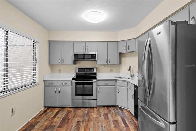 kitchen with gray cabinets, sink, dark hardwood / wood-style flooring, and appliances with stainless steel finishes