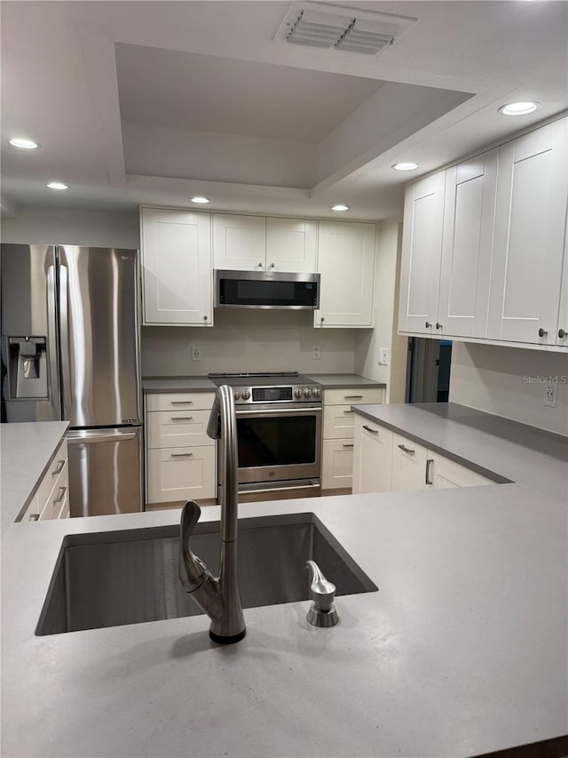 kitchen featuring stainless steel appliances, a raised ceiling, sink, and white cabinets